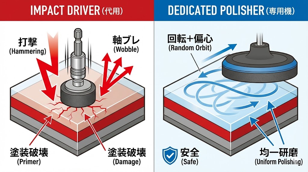 インパクトドライバーと専用ポリッシャーの研磨メカニズム比較図。垂直方向の打撃による塗装破壊と、水平方向の偏心運動による安全な研磨の違いを解説。
