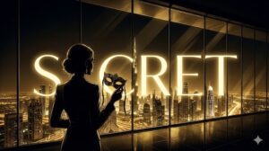 煌びやかなドバイの夜景を見下ろす窓際に立ち、仮面を手にした女性のシルエットと「SECRET」の文字。コスプレイヤーのドバイ案件疑惑や隠された真相を象徴するアイキャッチ画像