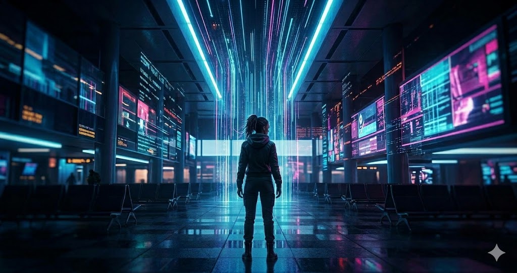 サイバーパンク風の未来的な空港ターミナルに立ち、ふじわらのみいの多層的な正体を象徴する女性のシルエットとデジタルデータのノイズ