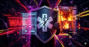 ふじわらのみいの機内トイレ炎上とADHD公表を象徴する、ひび割れた盾（免罪符）とデジタル診断書、背景に燃える便器を描いたサイバーパンク風のアイキャッチ画像