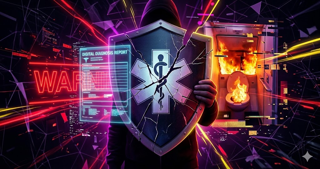 ふじわらのみいの機内トイレ炎上とADHD公表を象徴する、ひび割れた盾（免罪符）とデジタル診断書、背景に燃える便器を描いたサイバーパンク風のアイキャッチ画像