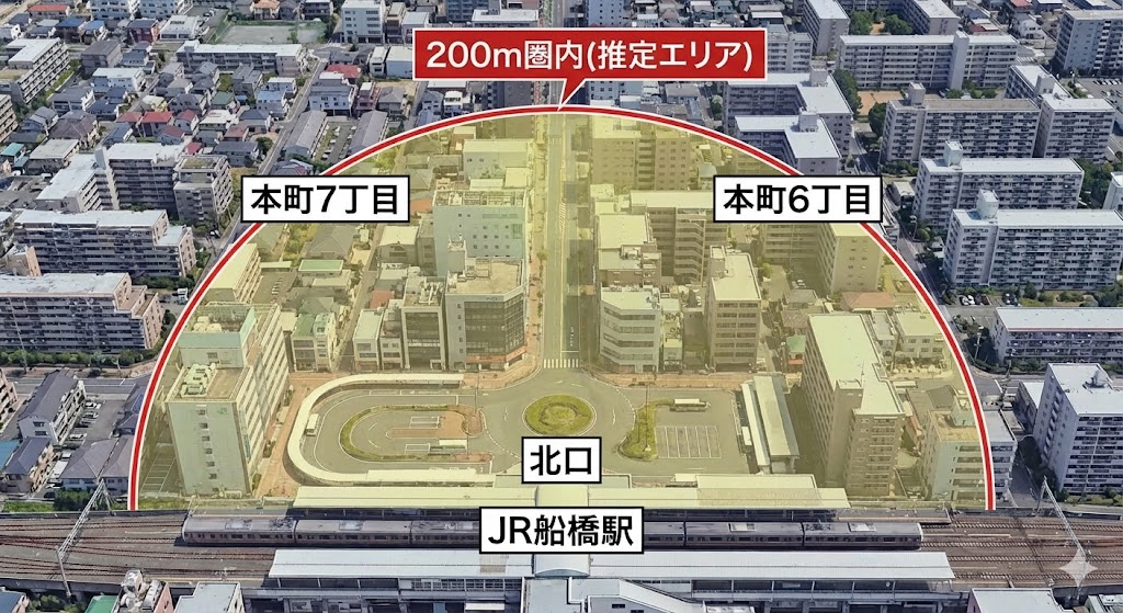報道情報を基にした、JR船橋駅北口から約200m離れた本町6丁目と7丁目の境界付近を示す上空からの推定現場マップ
