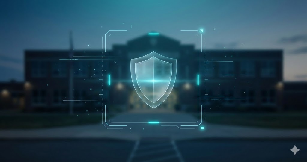 夕暮れのぼやけた高校を背景に、中央の青いデジタルスキャンフレーム内で光るホログラフィックシールドのシンボル。ネットの噂の検証とプライバシー保護を表現