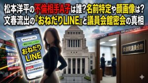 国会議事堂を背景に、松本洋平文科相の不倫相手A子のシルエットと「おねだりLINE」が表示されたスマホを描いた、スキャンダル検証ブログ用アイキャッチ画像。タイトル：松本洋平の不倫相手A子は誰？名前特定や顔画像は？文春流出の『おねだりLINE』と議員会館密会の真相