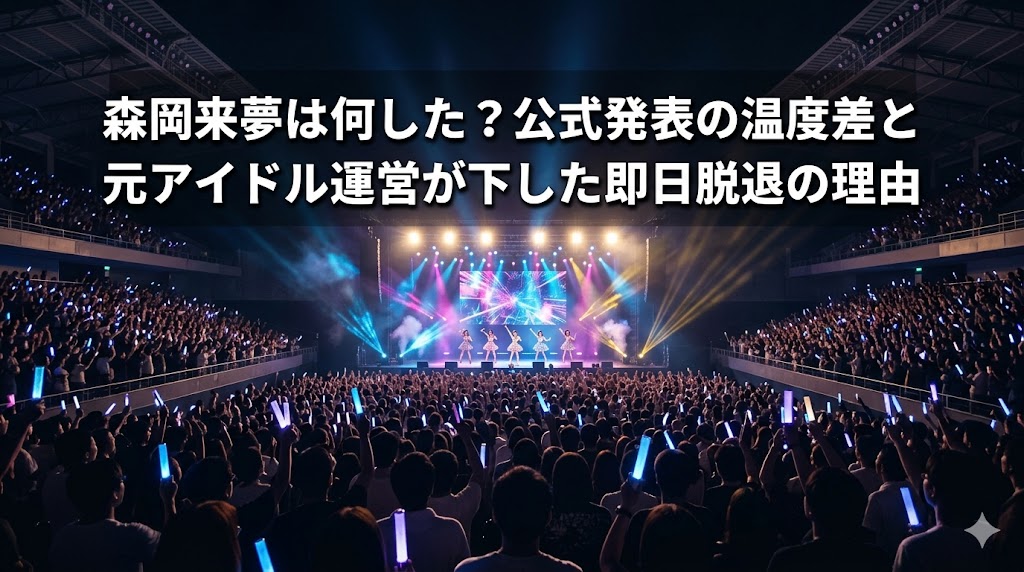 森岡来夢の脱退理由を解説するブログアイキャッチ画像。ペンライトを振る多くの観客とアイドルがパフォーマンスするステージを背景に、「森岡来夢は何した？公式発表の温度差と元アイドル運営が下した即日脱退の理由」という記事タイトルが記載されている。