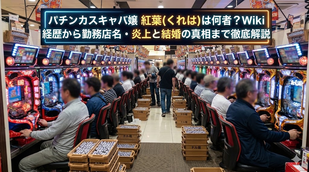 日本のパチンコ店内の実写風の様子。画像上部には「パチンカスキャバ嬢 紅葉(くれは)は何者?Wiki経歴から勤務店名・炎上と結婚の真相まで徹底解説」というブログタイトルの文字が配置されている。