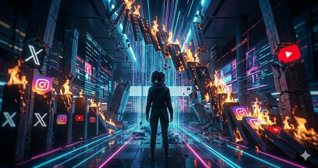 サイバーパンク風の未来的な空港ターミナルに立ち、ふじわらのみいの多層的な正体を象徴する女性のシルエットとデジタルデータのノイズ