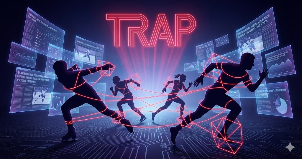 過去の引退事例のデータや罠を示す、赤い光の糸に絡め取られたアスリートたちのシルエットとホログラム画面のサイバーパンク調イメージ画像