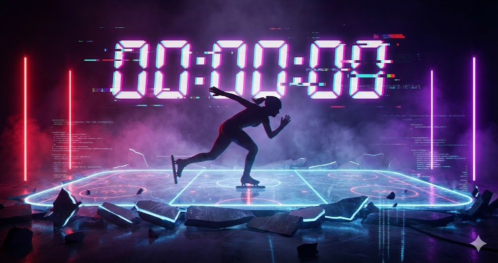 サイバーパンク調で描かれた、ひび割れた氷の上を滑る女性スケーターのシルエットと、背後に浮かぶ巨大なデジタルタイマーのイメージ画像