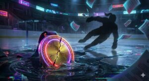 高木美帆の引退理由やチーム解散に伴う資金難の闇を、ひび割れた金メダルと溶け出す氷で表現したイメージ画像