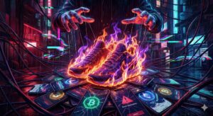 サイバーパンク風の街で、燃え盛るスニーカーを影の人物が糸で操るアイキャッチ画像。足元には壊れたスマートフォンが散乱し、ビットコイン等の暗号通貨マークが不気味に光る。「YOASOBI×ASICSコラボ」が「転売ヤー（影の組織）」によって操られ、ファンの熱狂が燃え上がる一方で、市場が混沌としている様子を暗喩しています。