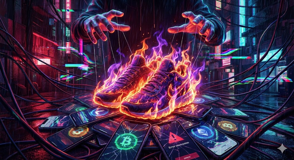 サイバーパンク風の街で、燃え盛るスニーカーを影の人物が糸で操るアイキャッチ画像。足元には壊れたスマートフォンが散乱し、ビットコイン等の暗号通貨マークが不気味に光る。「YOASOBI×ASICSコラボ」が「転売ヤー（影の組織）」によって操られ、ファンの熱狂が燃え上がる一方で、市場が混沌としている様子を暗喩しています。