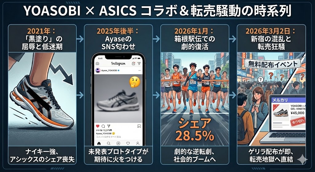 YOASOBI×ASICSコラボと転売騒動の時系列を図解したイラスト。2021年のロゴ黒塗り事件から、2025年後半のSNSでの匂わせ、2026年1月の箱根駅伝でのシェア大躍進（28.5%）、そして2026年3月2日の新宿ゲリラ無料配布イベントでの大混乱と直後の高額転売に至るまでの流れを4つのパネルで説明しています。
